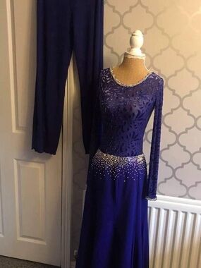 Elegant Navy Blue Embellished Evening Dress with Optional Pants Ballroom Dance